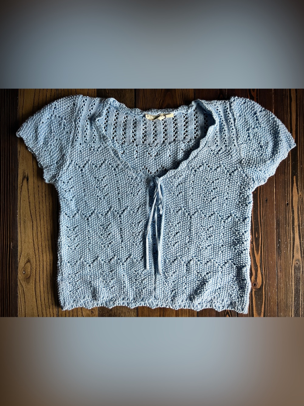 RETROD โข blue knit short sleeve cardigan tie front shrug boho Small